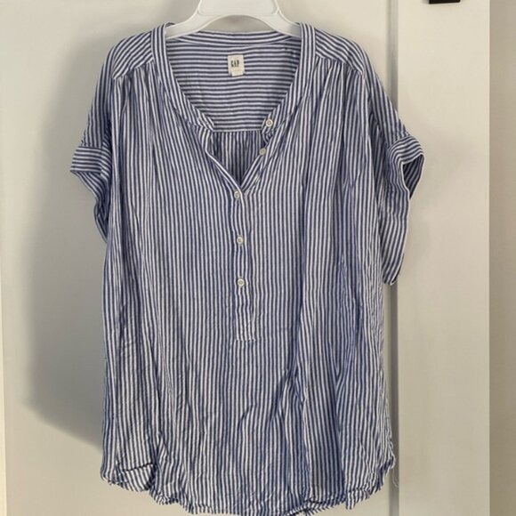 GAP blue white stripe tunic blouse short sleeve button front M - Picture 1 of 4